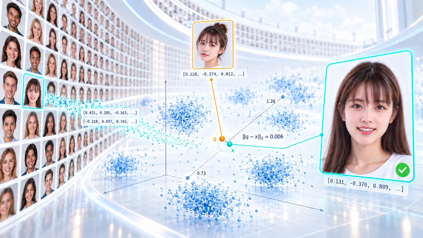 Face images represented as feature vectors for comparison